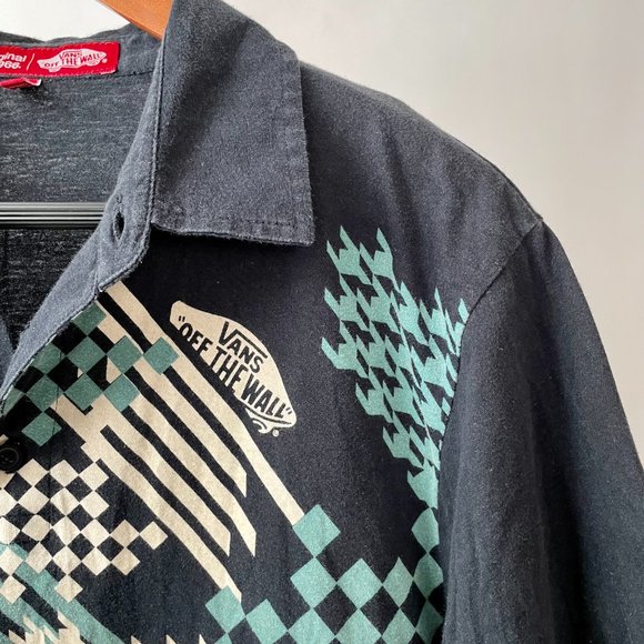 Men's Vintage Vans Old Skool Checkerboard Polo Shirt, Black Blue Cream, Size M - Picture 2 of 6